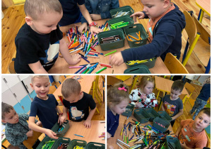 Segregowanie kredek według kolorów w grupie „Promyczki”