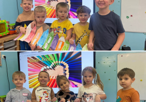 Grupa „Szkrabów” dumnie prezentuje swoje kolorowe prace z okazji Dnia Kredki.