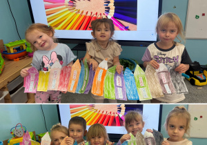 Grupa „Szkrabów” eksponująca swoje prace plastyczne.