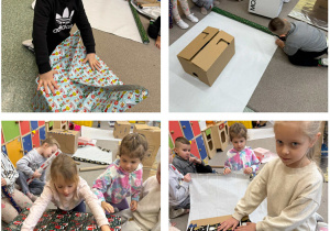 Kolaż zdjęć z warsztatów pakowania prezentów.