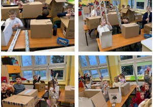 Dzieci z grupy Żabki z tekturowymi pudełkami różnej wielkości siedzą w ławkach.