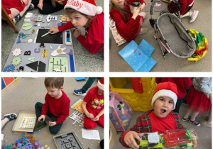 Grupa żabki z prezentami od Mikołaja.