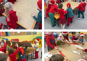 Dzieci z grupy Żabki układają karton ze szkicem Mikołaja i zaczynają malować farbami.