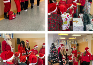 Pani Dyrektor wraz z Mikołajem oraz Panią Zastępcą Wójta, kierownikiem Szkoły oraz pomocnikami rozdają dzieciom jabłka i mandarynki oraz worki z prezentami.