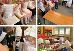 Dzieci w strojach siedzą na krzesełkach.