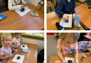 Dzieci dekorują kawałki ciasta.