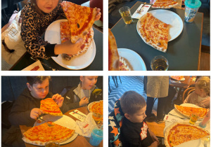 Dzieci z grupy Żabki podczas zjadania Kleksowej pizzy.
