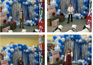 Chłopiec przebrany za Kevina z filmu Kevin sam w domu obok dziewczynka w sukience w kratę, chłopiec w świątecznym swetrze i dziewczynka w stroju bałwanka.