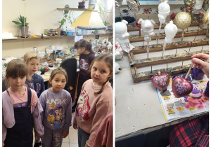 Uczniowie przyglądają się jak pani ręcznie ozdabia bombki.