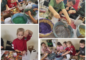 Dzieci ozdabiają bombki w różnych kształtach.