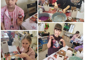 Pierwszaki trzymają w ręku własnoręcznie wykonane bombki.