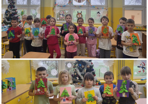 Pierwszaki trzymają w ręku Karty świąteczne.