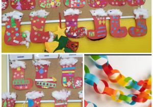 Kolorowy łańcuch na choinkę i skarpety Mikołajowe wykonane przez uczniów.