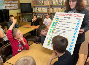 Pani Monika opowiada uczniom o działach w bibliotece.