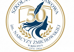 Zwycięskie logo w granatowo-złotej kolorystyce, z liczbą 50, profilem kobiety oraz pełną nazwą szkoły i datami 1976–2026.