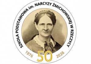 Jubileuszowe logo szkoły przedstawiające portret Narcyzy Żmichowskiej w okręgu, z nazwą szkoły oraz złotą liczbą 50 i datami 1976-2026.