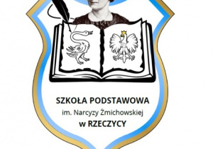 Logo szkoły w formie tarczy z portretem Narcyzy Żmichowskiej, otwartą książką z godłem Gminy Rzeczyca i godłem Polski oraz pełną nazwą szkoły.