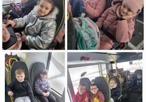 Uczniowie klas pierwszych z uśmiechem na twarzy jadą na wycieczkę.