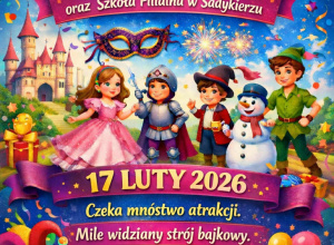 Plakat informujący o balu karnawałowym w Szkole Podstawowej w Rzeczycy i w Sadykierzu.