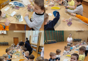 Szkraby przy stolikach komponują swoje świece.