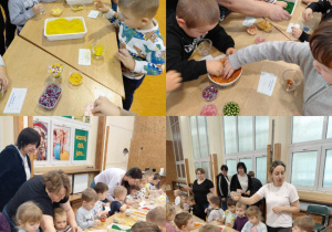 Kamyczki z pomocą wychowawczyni tworzą swoje kolorowe świece.