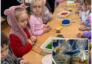 Dziewczynki przy stolikach komponują swoje świece.