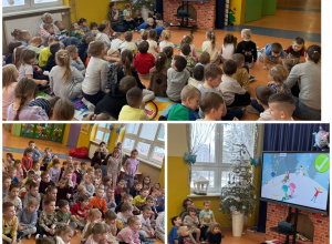 Kolaż trzech zdjęć wszystkich grup przedszkolnych - przedszkolaki zapoznają się z zasadami bezpieczeństwa w czasie ferii zimowych i zabaw na śniegu.