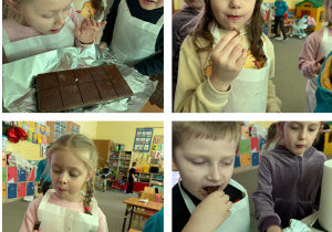Dzieci smakują zrobioną samodzielnie czekoladę.
