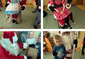 Dzieci z grupy Żabki z Mikołajem i prezentami.