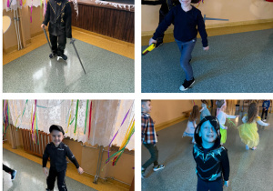 Chłopcy z grupy Żabki w przebraniach bajkowych i policyjnych.