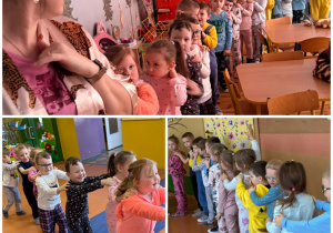 Zabawa integracyjna w grupie Promyczki - dzieci w piżamach jadą pociągiem.