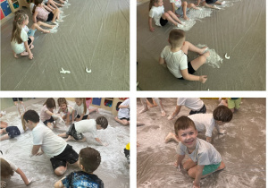 Kolaż zdjęć z sensorycznych zajęć w grupie Żabki, dzieci dotykają nóżkami i rączkami białą piankę.