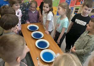Dzieci z grupy Żabki obserwują galaretki w kolorze niebieskim.