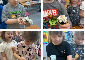 Dzieci z grupy Żabki robią lody z galaretek i bitej śmietany.