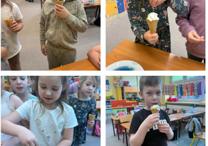 Dzieci dekorują lody posypką.