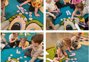 Dzieci z grupy Słoneczka dopasowują jajko do dinozaura.