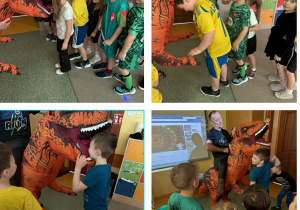 Dzieci z grupy Żabki podczas zaglądania do paszczy dinozaura.