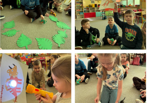 Chłopcy i dziewczynki z grupy Żabki liczą liście paproci oraz rozpoznają co zjadł dinozaur.