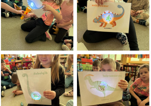 Dzieci z grupy Żabki prześwietlają brzuch dinozaura i odgadują co zjadł.