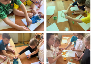 Praca grupowa dzieci składają ze szczątków dinozaury.