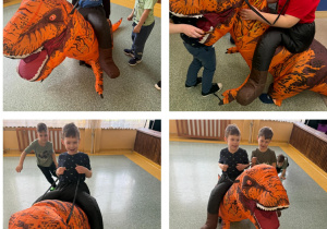 Dzieci z grupy Żabki robią przejażdżki na dinozaurze.