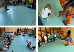 Wujek Andrzej z dinozaurem na zajęciach ruchowych w grupie Żabki.