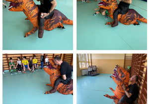 Dinozaur wysiaduje jajka podczas zajęć ruchowych w grupie Żabki.