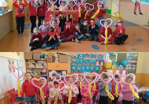 Grupa Skoczki - kolaż dwóch zdjęć, przedszkolaki z radością prezentują własnoręcznie wykonane balony w kształcie serduszka.