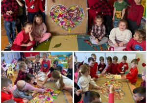 Grupa Promyczki - kolaż trzech zdjęć, na których dzieci wyklejają i prezentują serce sensoryczne wykonane z kolorowych piór, cekinów, puchowych kulek.