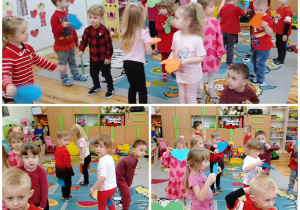 Kolaż trzech zdjęć grupy Kamyczki w czasie zabawy " Taniec z kolorowymi serduszkami".