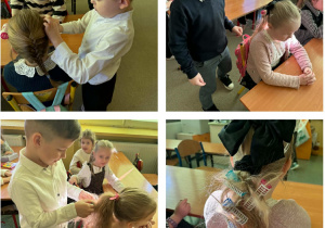 Chłopcy z grupy Żabki zakręcają wałki dziewczynkom na włosach.