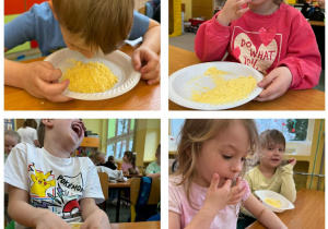 Smakowanie przez dzieci mąki kukurydzianej.