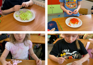 Dzieci wbijają wykałaczkami bibułę w masę.