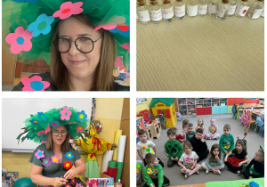 Kolaż zdjęć jak Pani Wiosna pokazuje dzieciom zapachy i tworzy nowy zapach perfum kwiatowych.